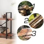 Three circles show wood’s transformation—logs (1), rough-cut planks (2), and finished boards (3)—beside a custom Bookshelf crafted from metal and wood, ideal as a unique storage furniture piece.
