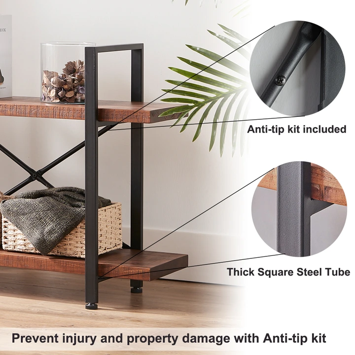 Bookshelf - 06.03 Solid Wood Bookcase 2 Tier Industrial Rustic Vintage Etagere Bookshelf Open Metal Farmhouse Book Shelf Distressed Brown
