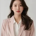 A woman with long wavy dark hair, wearing a Toptrue light pink blazer over a white shirt, stands against a plain light background.