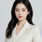 A young woman with long black hair wearing a Toptrue white blazer, looking directly at the camera against a plain light background.