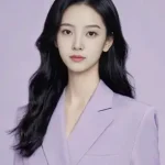 A woman with long black hair wearing a light purple Toptrue blazer poses against a plain lavender background.