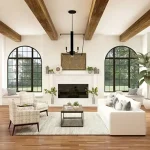 A modern living room with wood beams, arched windows, a white Toptrue sofa, two patterned armchairs, a fireplace, and a central coffee table on a rug.