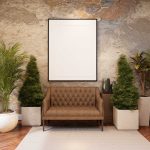 A brown tufted loveseat sits against a textured stone wall, framed by potted plants and a large blank picture frame above.
