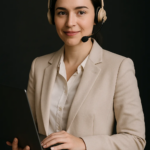 Woman wearing a beige suit and headset stands against a dark background, holding and typing on a laptop.