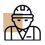 Simple line drawing of a person in profile view, holding a magnifying glass to their eye, with a beige square background element.