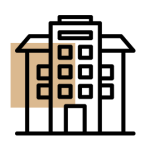 Simple illustration of a tall building with multiple windows, drawn in black and beige.