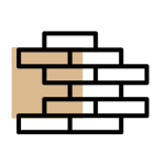 A black and beige icon showing a simplified bookshelf with three shelves and stacked books, half of the image in black and the other half in beige.