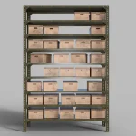 The shelf-6405974_640_ metal shelving unit features six shelves, each neatly lined with brown handled storage boxes—perfect for organized OEM or ODM storage solutions.