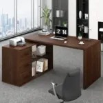 L Shaped Computer Desk with 3 Drawers, Walnut_01