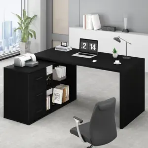 L Shaped Computer Desk with 3 Drawers, Black Oak_01