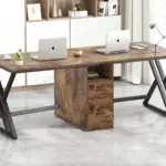 The 01.01.C_结果 is a modern double workstation desk with a wooden top, black metal legs, center drawers, and space for two laptops—a perfect choice for OEM or ODM projects in bright office spaces with shelves and large windows.
