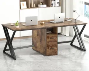 2 Person Desk with Storage Cabinet, Rustic Brown_01