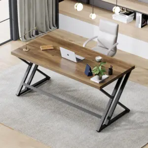 Y Shaped Leg Computer Desk, Rustic Oak 55 Inch_01