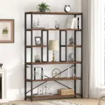 The 01.01.C_结果 bookshelf features wooden shelves and a black metal frame that displays books, decor, lighting, art, and plants against a white wall—perfect for OEM or ODM customization to match your unique style.