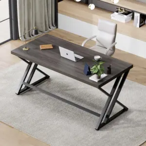 Y Shaped Leg Computer Desk, Dark Gray Oak 55 Inch_01