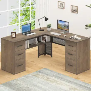L Shaped Computer Desk with Six Drawers, Rustic Oak _01
