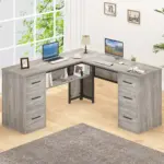 L Shaped Computer Desk with Six Drawers, Light Grey Oak _01