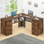 L Shaped Computer Desk with Six Drawers, Rustic Brown _01