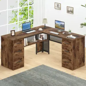 L Shaped Computer Desk with Six Drawers, Rustic Brown _01