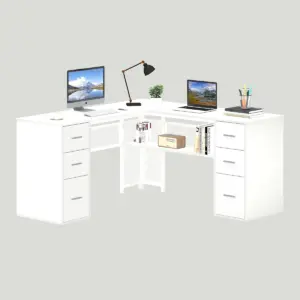 L Shaped Computer Desk with Six Drawers, White Oak _01