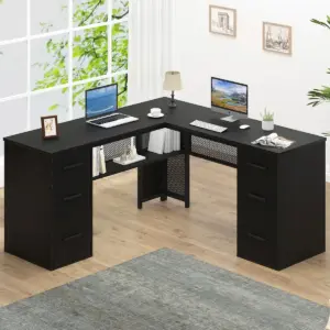 L Shaped Computer Desk with Six Drawers, Black Oak _01