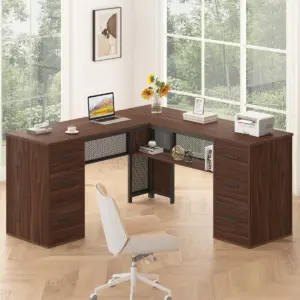 L Shaped Computer Desk with Six Drawers, Walnut _01