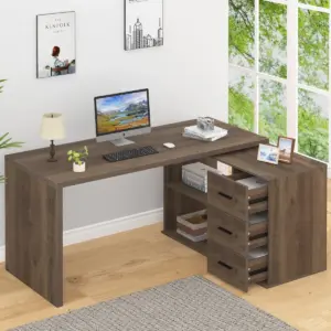 L Shaped Computer Desk with 3 Drawers, Rustic Oak _01