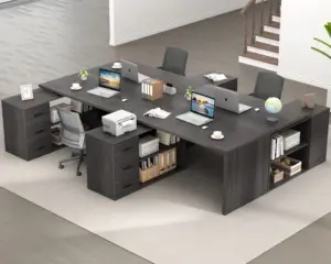 L Shaped Computer Desk with 3 Drawers, Dark Gray Oak_01