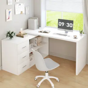 L Shaped Computer Desk with 3 Drawers, White Oak _01
