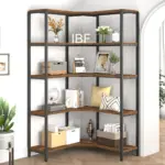 The 01.01.C_结果 corner bookshelf features five wooden shelves for books, plants, or storage, and fits neatly against a white wall by an arched doorway. ODM and OEM customization options are available to match your style and needs.