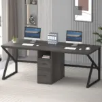 The 01.01.C_结果 double workstation desk features two computers, keyboards, mice, and three blue binders—ideal for ODM or OEM home offices—with shelves, decor, and a framed abstract picture on the wall.