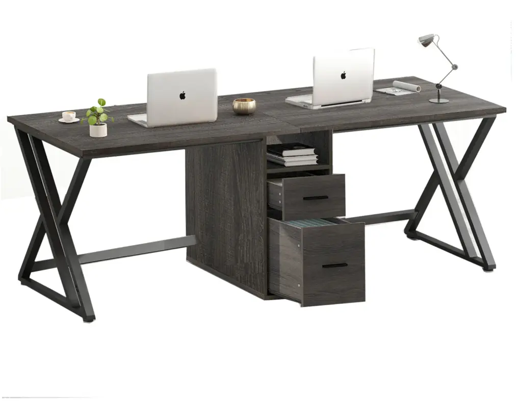 2 Person Desk with Storage Cabinet, Dark Gray Oak_02