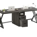 The 01.02.C_结果 is a dark wood double desk with metal legs, featuring space for two laptops, a lamp, potted plants, and drawers—ideal for ODM or OEM collaborative offices.