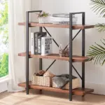 The 01.03 Solid Wood Bookshelf is a 3-tier rustic vintage industrial etagere bookcase with open metal shelves in distressed brown, ideal for books, decor, baskets, and blankets. Available for ODM and OEM.