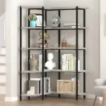 The 01.米白墙.(面板加厚 拉长)_结果 is a corner bookshelf with five gray shelves—perfect for ODM/OEM projects—displaying books, a basket, decor, and photos against a beige wall near a staircase.