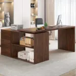 L Shaped Computer Desk with 3 Drawers, Walnut_02