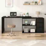 L Shaped Computer Desk with 3 Drawers, Black Oak_02