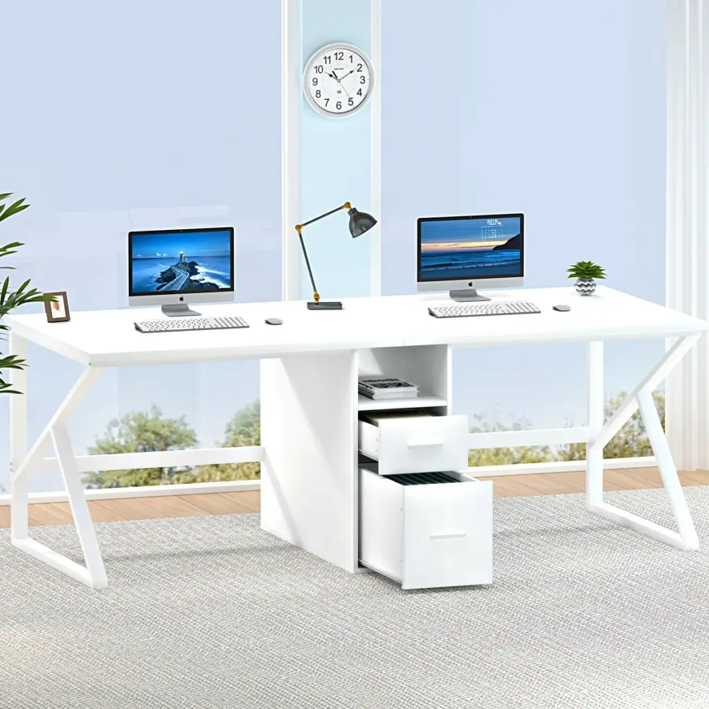 2 Person Computer Desk with File Drawer, White Oak_02