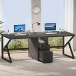 The 02.01.C_结果 is a modern double office desk with OEM/ODM options, designed for two computers, a lamp, plants, and drawers, shown in a bright room with large windows and a wall clock.