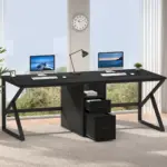 The 02.01.C_结果 is a modern double workstation desk, ideal for OEM/ODM orders, shown with two computers, keyboards, a lamp, and drawers by large windows overlooking trees.