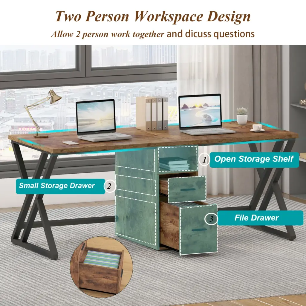2 Person Desk with Storage Cabinet, Rustic Brown_02