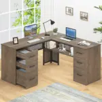 L Shaped Computer Desk with Six Drawers, Rustic Oak _02