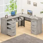 L Shaped Computer Desk with Six Drawers, Light Grey Oak _02
