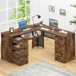L Shaped Computer Desk with Six Drawers, Rustic Brown _02