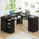L Shaped Computer Desk with Six Drawers, Black Oak _02
