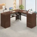L Shaped Computer Desk with Six Drawers, Walnut _02