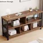 The 02.01.C_结果 shelving unit, made of wood and metal, supports ODM/OEM customization and offers stylish bedroom storage for books, files, a lamp, plants, a globe, and décor on light wood flooring.