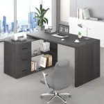 L Shaped Computer Desk with 3 Drawers, Dark Gray Oak_02