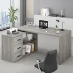L Shaped Computer Desk with 3 Drawers, Light Grey Oak _02