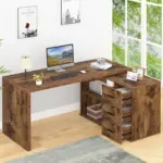 L Shaped Computer Desk with 3 Drawers, Rustic Brown _02